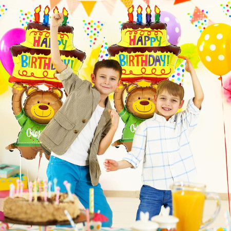 Balon din Folie Metalizata, Flippy, Figurine Animalute, Model Ursulet cu Tort Aniversar, 124x65 cm, Ambalaj Individual, Pai Inclus, Umflare cu Aer sau Heliu, Multicolor