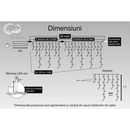 Instalatie Craciun, 36 m, 1050 Led-uri ,Franjuri, Alb cald, Flash, Transformator, Interconectabila, Prelungitor 3 m inclus, Fir Negru, Flippy