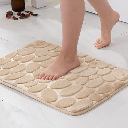 Covoras pentru Baie Antiderapant, Flippy, Uscare Rapida, Model 3D Piatra, 40x60 cm, Bej