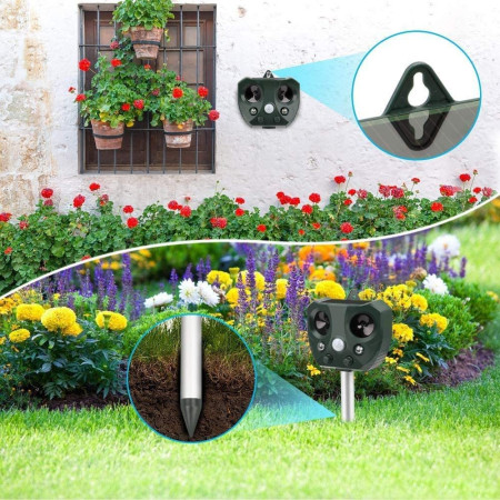 Aparat Solar LED cu Ultrasunete, Anti Animale Mari și Mici, Anti Rozătoare și Insecte, Lumini Roșii/Albe, IPX Rezistent, 15x14x24 cm, Verde