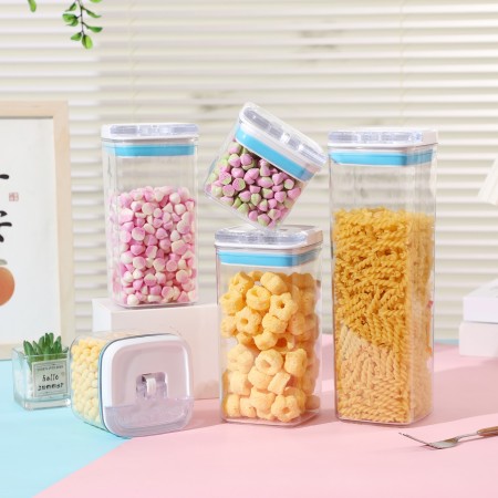 Cutii de Depozitare Alimente, Flippy, Set din 7 Cutii de tip Container, 2x0.5 l, 2x0.8 l, 2x1.2 l, 1x1.9 l, Recipiente pentru Cereale in Bucatarie,  Transparente cu Capac Albastru-Alb