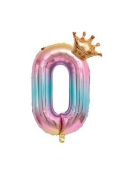 Balon din Folie Metalizata, Flippy, Figurina Cifra Gradient, Tema Aniversare 80 cm, Ambalaj Individual, Pai inclus, Umflare cu Aer sau Heliu, Coronita, Cifra 0
