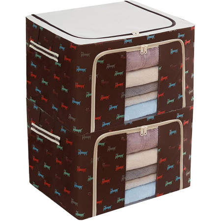 Cutie de Depozitare Pliabilă, 100L, Material Textil, Cadru Metalic, Fermoar Bidirecțional, Fereastră Transparentă, Imprimeu Cățeluși, 60x42x40 cm, Maro