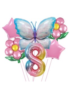 Set baloane aniversare cu numere, din folie de aluminiu, 6 piese, 2 flori, 2 stelute, 1 fluture, 1 cifra, Multicolor, Cifra 8