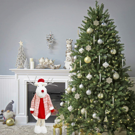 Figurina Decorativa, Pentru Craciun, Flippy, Ren, Picioare Telescopice, Inaltime Reglabila 42 - 80 cm, cu Haina, Alb/Rosu