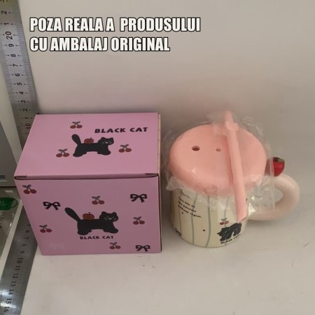 Cana din Ceramica cu Capac si Pai, Flippy, Capacul si Paiul din Silicon Roz, 9x8.5 cm, Model Cute A, Capacitate 380ml
