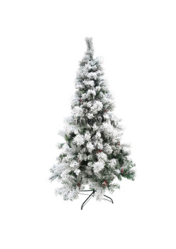 Brad artificial de Craciun nins, decorat cu conuri pin, pentru interior/exterior, inaltime 210 cm, diametru 131 cm, 630 ramuri, Flippy, alb/verde, suport metalic inclus