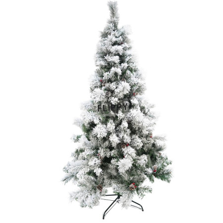 Brad artificial de Craciun nins, decorat cu conuri pin, pentru interior/exterior, inaltime 210 cm, diametru 131 cm, 630 ramuri, Flippy, alb/verde, suport metalic inclus