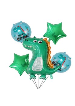Set 5 Baloane folie de aluminiu, Flippy, Figurina Dinozaur, pentru aniversare HAPYY BIRTHDAY, Stelute Verzi si Baloane Albastre, 50 - 70 cm