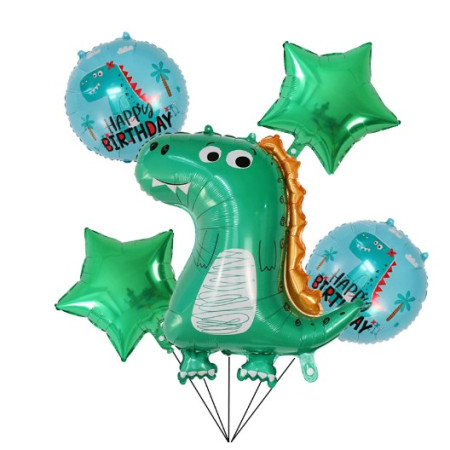 Set 5 Baloane folie de aluminiu, Flippy, Figurina Dinozaur, pentru aniversare HAPYY BIRTHDAY, Stelute Verzi si Baloane Albastre, 50 - 70 cm