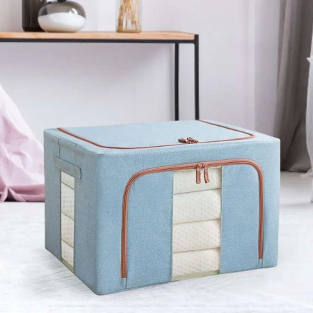 Cutie de Depozitare Pliabilă, 66L, Bumbac și In, Cadru Metalic, Bază Rigidă, Ferestre Frontale și Laterale, 2 Uși cu Fermoar Bidirecțional, 50x40x33 cm, Bleu