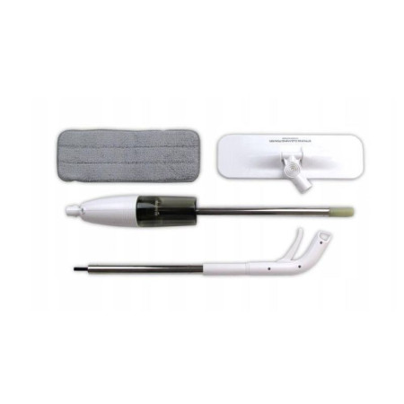 Mop plat, Flippy, cu pulverizator, pentru uz casnic, plastic, rezerva de mop din microfibra, 125x40 cm, Alb/Negru