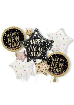 Baloane pentru aniversare, Flippy, tematica Happy New Year, set 9 baloane, 1 Stea Mare 83 x 90 cm, 6 stele, 2 rotunde, din folie de aluminiu, pai de carton inclus, Negru