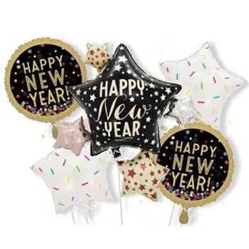 Baloane pentru aniversare, Flippy, tematica Happy New Year, set 9 baloane, 1 Stea Mare 83 x 90 cm, 6 stele, 2 rotunde, din folie de aluminiu, pai de carton inclus, Negru