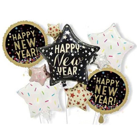 Baloane pentru aniversare, Flippy, tematica Happy New Year, set 9 baloane, 1 Stea Mare 83 x 90 cm, 6 stele, 2 rotunde, din folie de aluminiu, pai de carton inclus, Negru
