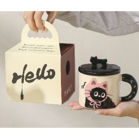 Cana ceramica, Flippy, Model in cutie, cu capac, Roz-Negru