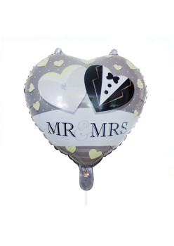 Balon din Folie Metalizata, Flippy, Figurina Inima, Model Mr&Mrs, Tema Nunta, 45 cm, Ambalaj Individual, Pai Inclus, Umflare cu Aer sau Heliu, Gri