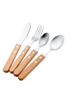 Set 4 tacamuri pentru masa Flippy, otel 304, lingura, lingurita desert, cutit, furculita, maner din lemn de fag, 20 x 4 x 2 cm, gri