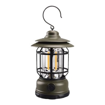 Lampa Portabilă Camping Felinar Vintage cu Cârlig, 21 COB LED, 5W, ABS, Reglare Intensitate, 360°, Verde