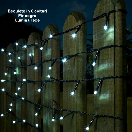Instalatie Craciun Beculet cu 6 unghiuri, Liniara 100 LED 9 m + 1  m, Fir negru, Alb Rece 