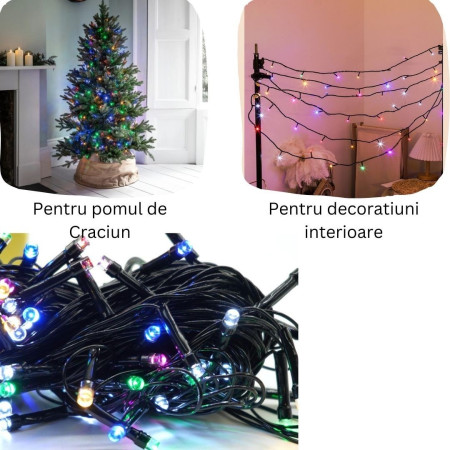 Instalatie de Craciun muzicala tip liniara, 8 jocuri de lumini, 10 m din care 1 m cablu priza 220V, 100 LED, controler, fir negru, multicolor
