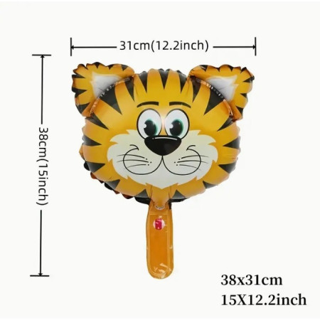 Balon din Folie Metalizata, Flippy, Mini Figurine Animalute, Model Tigru, Tematica Aniversare, 38x31 cm, Ambalaj Individual, Pai Inclus, Umflare cu Aer sau Heliu, Multicolor