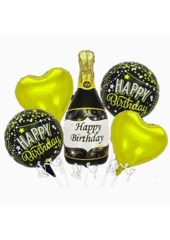 Baloane pentru aniversare, Flippy, tematica Happy Birthday, set 5 baloane, 1 Sticla Sampanie 103 x 94 cm, 2 inimi, 2 rotunde, din folie de aluminiu, pai de carton inclus, Negru Auriu