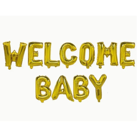 Set Baloane din Folie Metalizata, Flippy, Model Welcome Baby, Litere de 40 cm, Baloane Party, Ambalaj Individual, Pai, Ata si Adeziv Incluse, Umflare cu Aer sau Heliu, Auriu