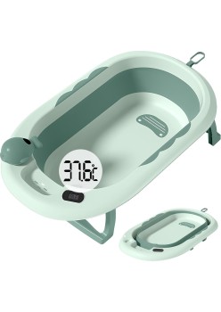 Cada Baie Pliabila pentru Copii 0-6 Ani – Cu Termometru, Perna Suport, Model Balena, Verde, 81.5 x 49 x 21.5 cm