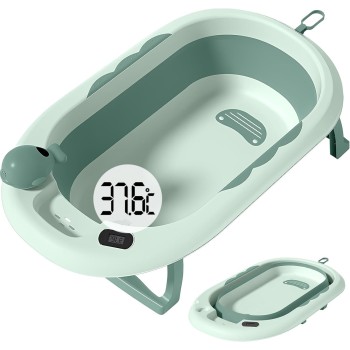 Cada Baie Pliabila pentru Copii 0-6 Ani – Cu Termometru, Perna Suport, Model Balena, Verde, 81.5 x 49 x 21.5 cm