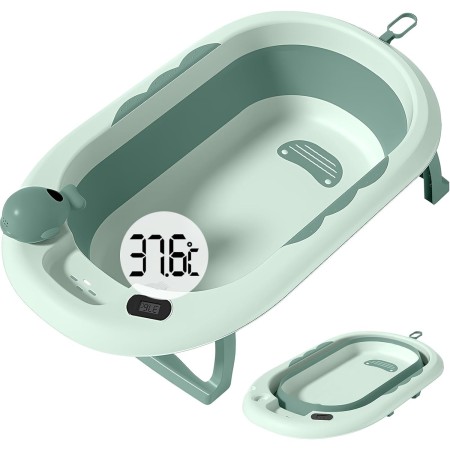 Cada Baie Pliabila pentru Copii 0-6 Ani – Cu Termometru, Perna Suport, Model Balena, Verde, 81.5 x 49 x 21.5 cm