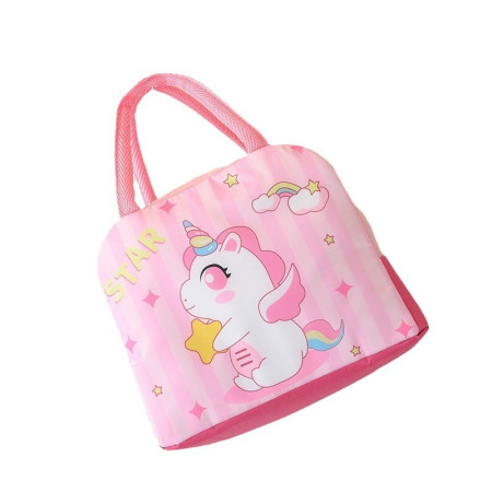 Geanta Termoizolanta pentru Copii, Flippy, 23x13x19 cm, Model Imprimeu Unicorn, din Folie de Aluminiu si Panza Oxford, Roz