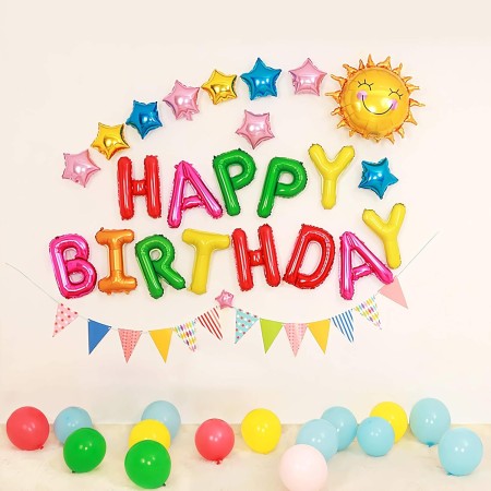 Set Baloane din Folie Metalizata, Flippy, Model Happy Birthday, Litere de 40 cm, Baloane Party, Ambalaj Individual, Pai, Ata si Adeziv Incluse, Umflare cu Aer sau Heliu, Multicolor