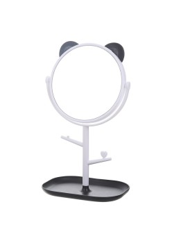 Oglina Cosmetica cu Picior, Flippy, HD, Rotire 360 Grade, 15 cm Diametru, Suport Bijuterii Baza + Brate, Model cu Urechi, 30 x 16.5 x 15 cm, Alb/Negru