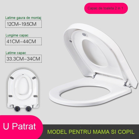 Capac de Toaleta cu Reductie 2 in 1, Flippy, pentru Copii si Adulti, Coborare Lenta si Silentioasa, Instalare Usoara, din PP5 , in Forma de U Patrat, Alb