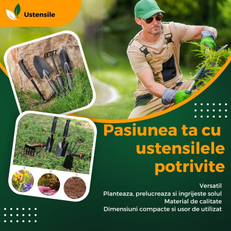 Unelte Grădină, Set 7  pentru Plantare și Îngrijire, PVC + Carton, 31.5 x 8 cm, Negru