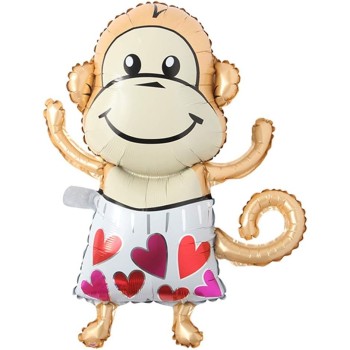 Balon din Folie Metalizata, Flippy, Mini Figurine Animalute, Model Maimutica, Tematica Aniversare, 45x28 cm, Ambalaj Individual, Pai Inclus, Umflare cu Aer sau Heliu, Multicolor