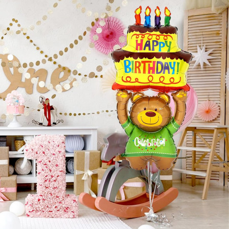 Balon din Folie Metalizata, Flippy, Figurine Animalute, Model Ursulet cu Tort Aniversar, 124x65 cm, Ambalaj Individual, Pai Inclus, Umflare cu Aer sau Heliu, Multicolor