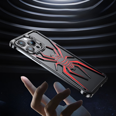 Husa de Protectie Compatibila iPhone 15 Pro, cu Suport Metalic pentru Camera, Armor Protective Series, Flippy, Antisoc, Protectie de Metal pe Margini, Model Paianjen, Negru Rosu