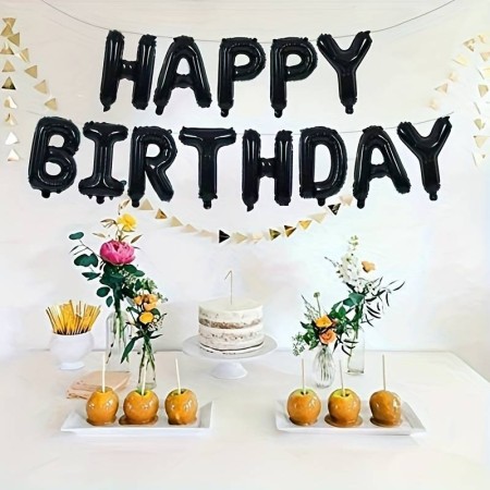 Set 25 de Baloane din Folie Metalizata si Latex, Flippy, Figurine 2 Stele, 4 Baloane Confetti, 13 Litere, 6 Latex, Model Happy Birthday, Tema Aniversare, 40 cm, Ambalaj Individual, Pai Inclus, Umflare cu Aer sau Heliu, Negru