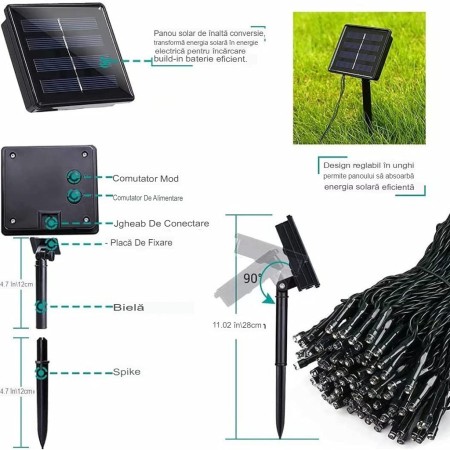 Instalatie Craciun cu Energie Solara, Liniar cu Fir de Cupru, 32 m, 300 de LED-uri, Multicolor
