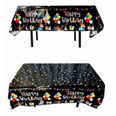 Fata de Masa, Flippy, din Folie, Imprimeu Happy Birthday cu Baloane, 137 x 183 cm, Negru