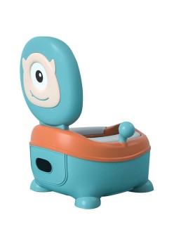 Olita pentru Copii, Flippy, +6 luni, Compartiment Detasabil, cu Capac, Antiderapanta, din Plastic, Colac Moale, Model Animat Ciclop, cu Maner, 33 x 21 x 45 cm, Albastru/Portocaliu
