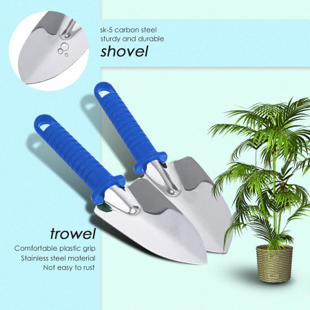 Set 10 Unelte de Grădină, Mânere Albastre, Oțel Inoxidabil, Cutie Inclusă, 37x28x7 cm, Negru – Pentru Plantare, Sol și Îngrijire Plante