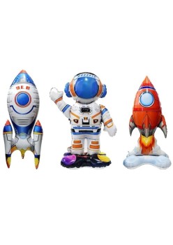 Baloane din Folie Metalizata, Flippy, set 3 Baloane pentru Baieti, Model Astronaut 49 x 69 cm, Racheta Alba 31 x 61 cm, Racheta Rosie 36 x 69 cm, Pai din carton inclus, Multicolor