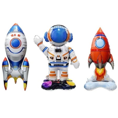 Baloane din Folie Metalizata, Flippy, set 3 Baloane pentru Baieti, Model Astronaut 49 x 69 cm, Racheta Alba 31 x 61 cm, Racheta Rosie 36 x 69 cm, Pai din carton inclus, Multicolor
