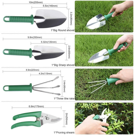 Set 10 Unelte de Grădină, Mânere Verzi, Oțel Inoxidabil, Cutie Inclusă, 37x28x7 cm, Negru – Pentru Plantare, Sol și Îngrijire Plante