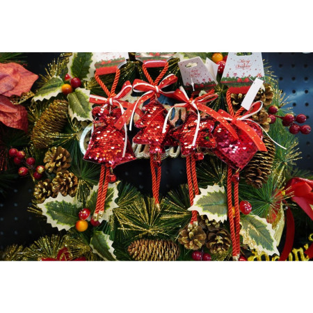 Ornament de brad inima cu paiete, Flippy, rosu, lemn, 25 cm