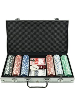 Set de Poker Complex cu 300 de jetoane Flippy, Include 2 seturi de carti, 5 zaruri, Echipat cu servieta de aluminiu cu dimensiunile 39x7x27 cm