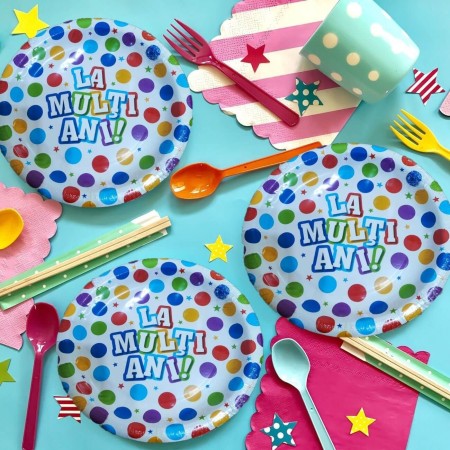 Set 6 Farfurii de Unica Folosinta, Flippy, Colectia, LA MULTI ANI, 23 cm, din Carton Laminat, Multicolor